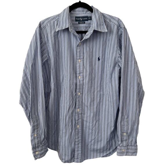Ralph Lauren Classic Fit Blue/White Stripe Long Sleeve Collared Button Down-L - Picture 1 of 5